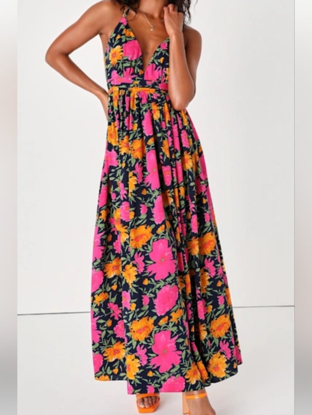 Lulu's Black Maxi Dress with Pink & Orange Floral Print